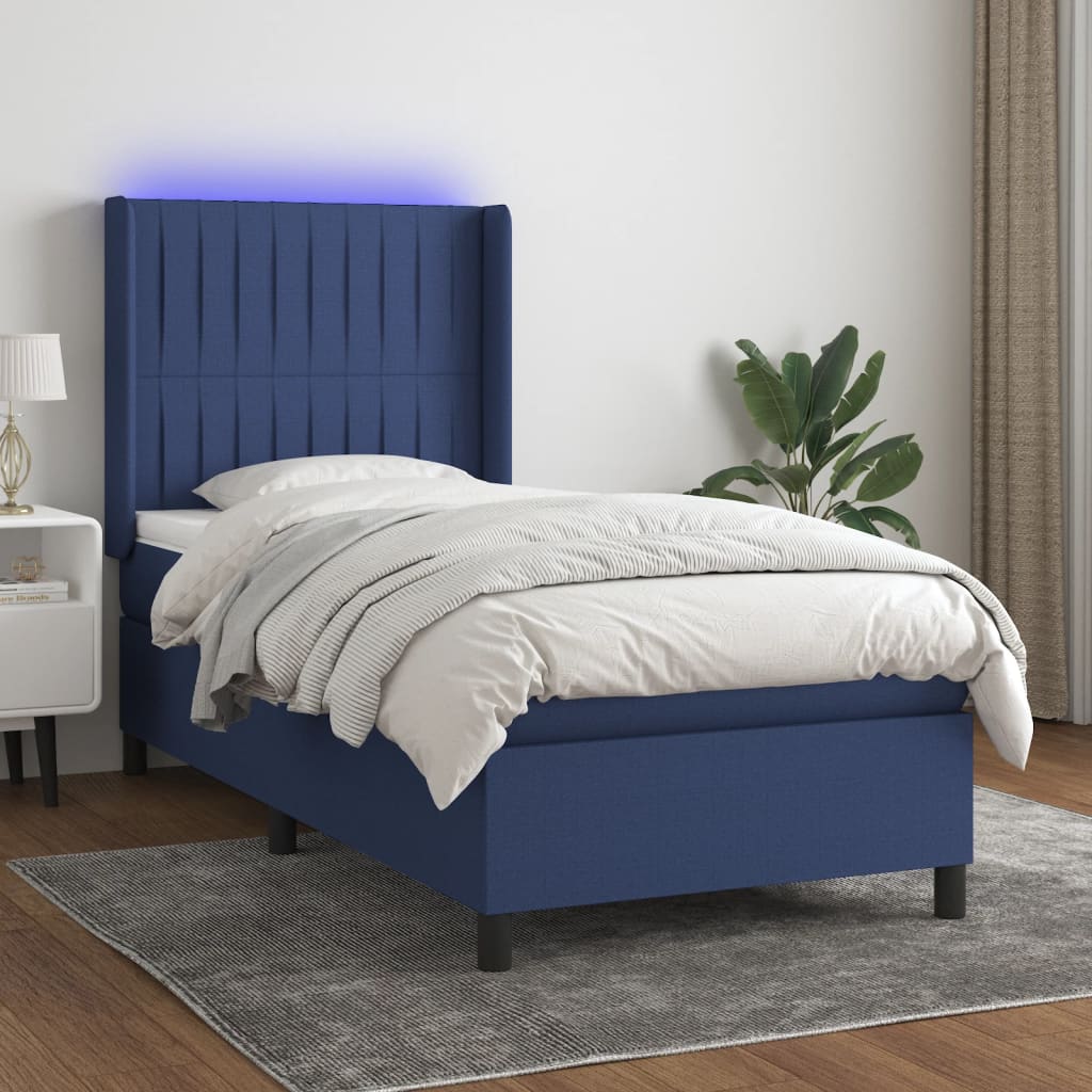 Sommier à lattes de lit matelas et LED Bleu 90x200 cm Tissu - XIOS