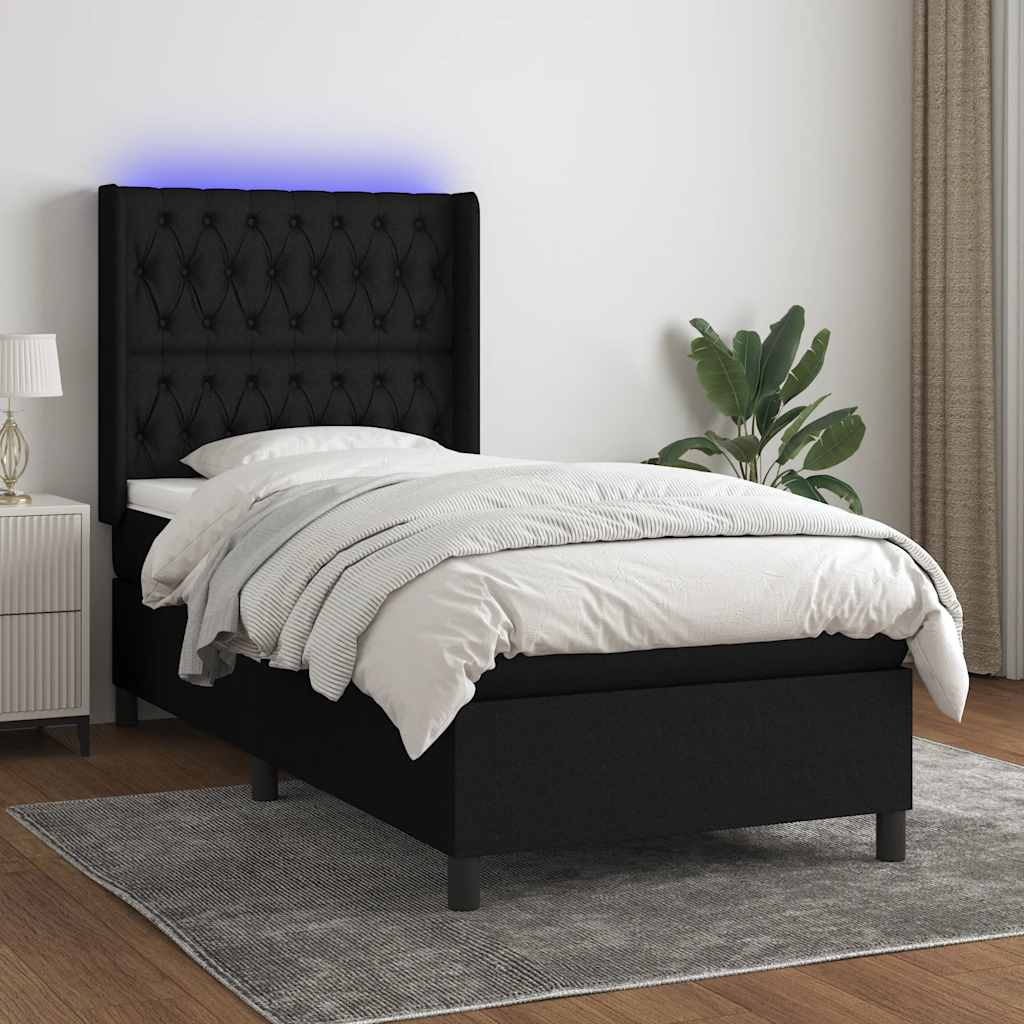 Sommier à lattes de lit matelas et LED Noir 90x200 cm Tissu