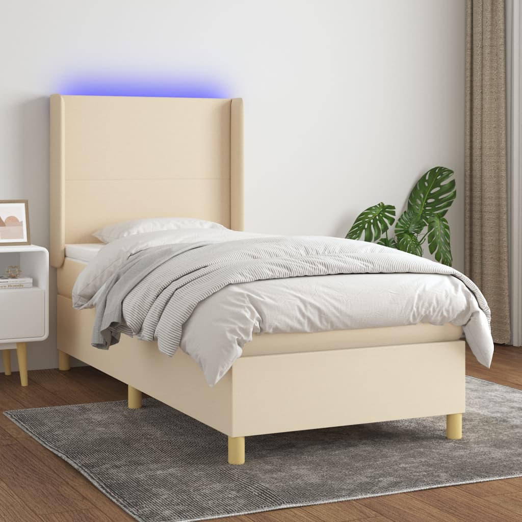 Sommier à lattes de lit matelas et LED Crème 90x190 cm Tissu Lits & cadres de lit vidaXL