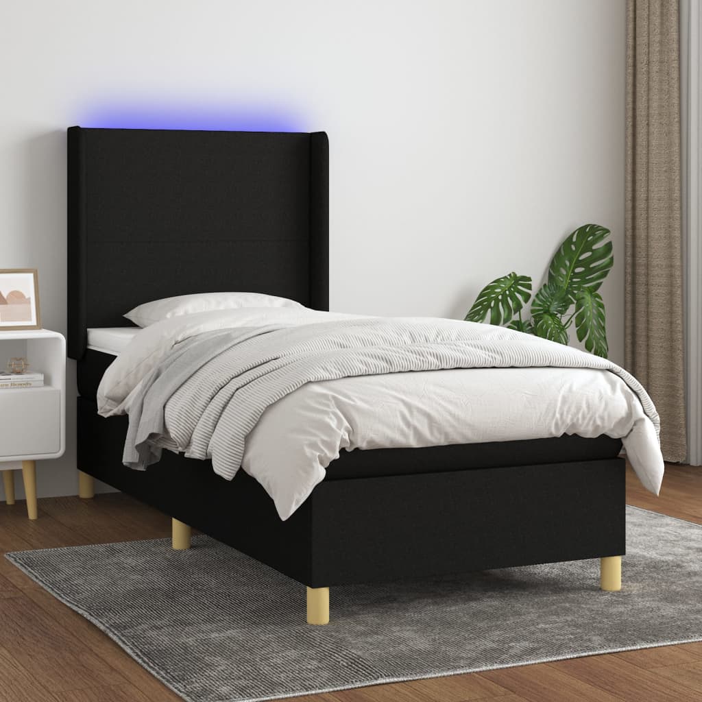 Sommier à lattes de lit matelas et LED Noir 90x200 cm Tissu - XIOS