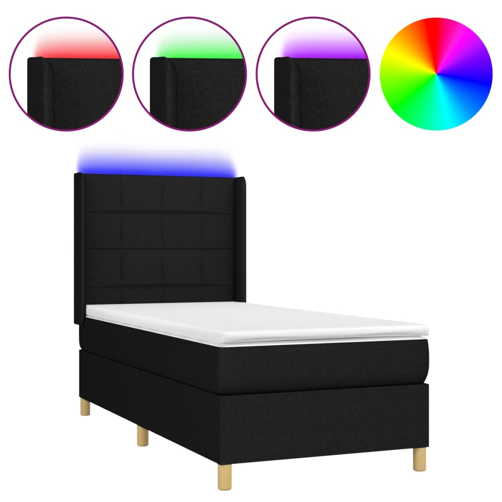 Sommier à lattes de lit matelas et LED Noir 90x200 cm Tissu - XIOS