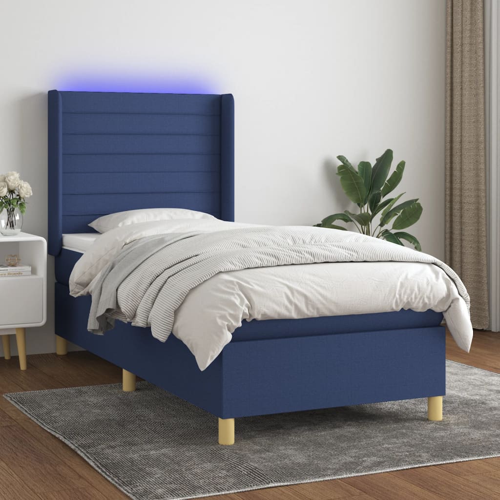 Sommier à lattes de lit matelas et LED Bleu 90x190 cm Tissu