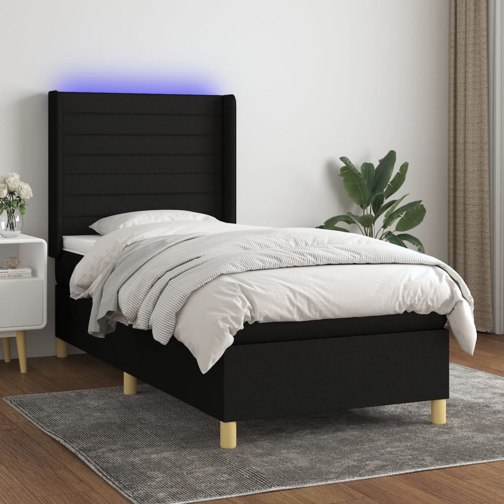 Sommier à lattes de lit matelas et LED Noir 90x200 cm Tissu - XIOS