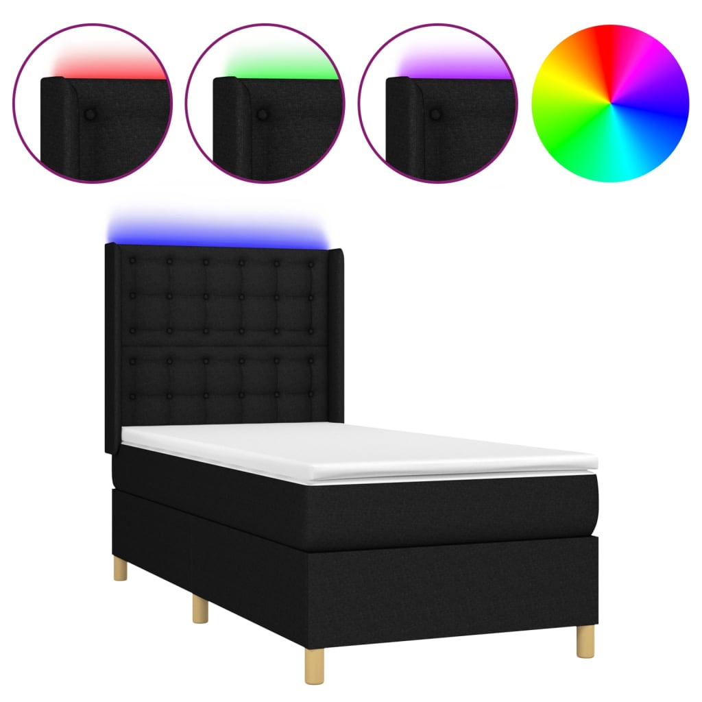 Sommier à lattes de lit matelas et LED Noir 90x200 cm Tissu - XIOS