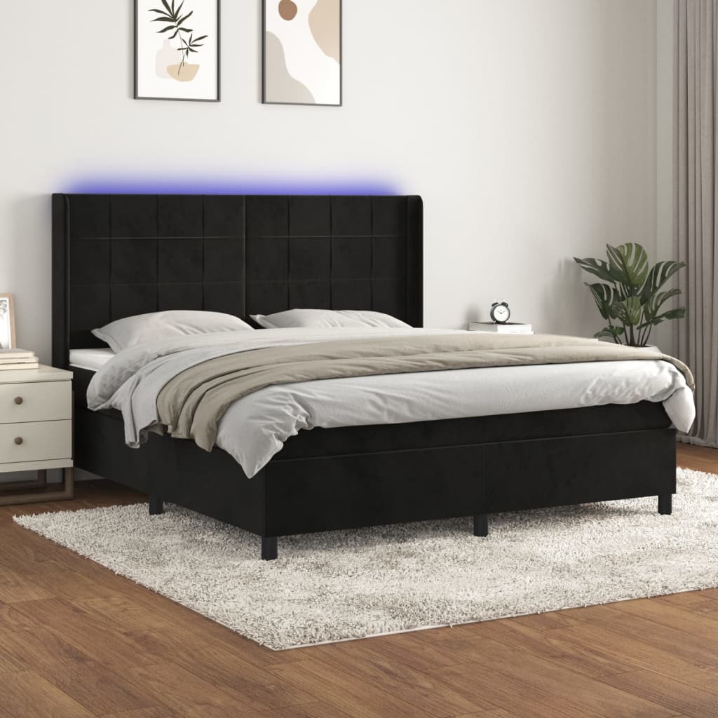 Sommier à lattes de lit matelas et LED Noir 180x200 cm Velours Lits & cadres de lit vidaXL