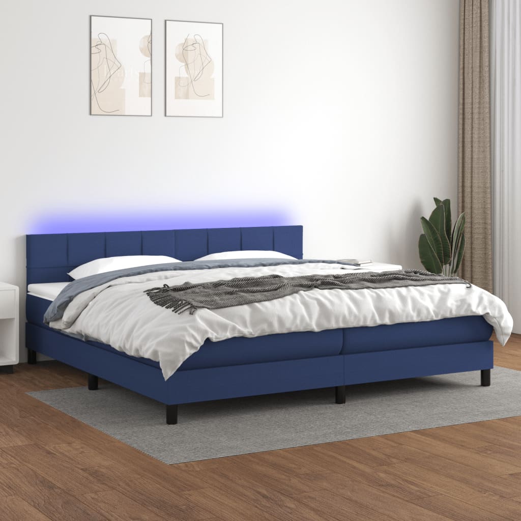 Sommier à lattes de lit et matelas et LED Bleu 200x200 cm Tissu - XIOS