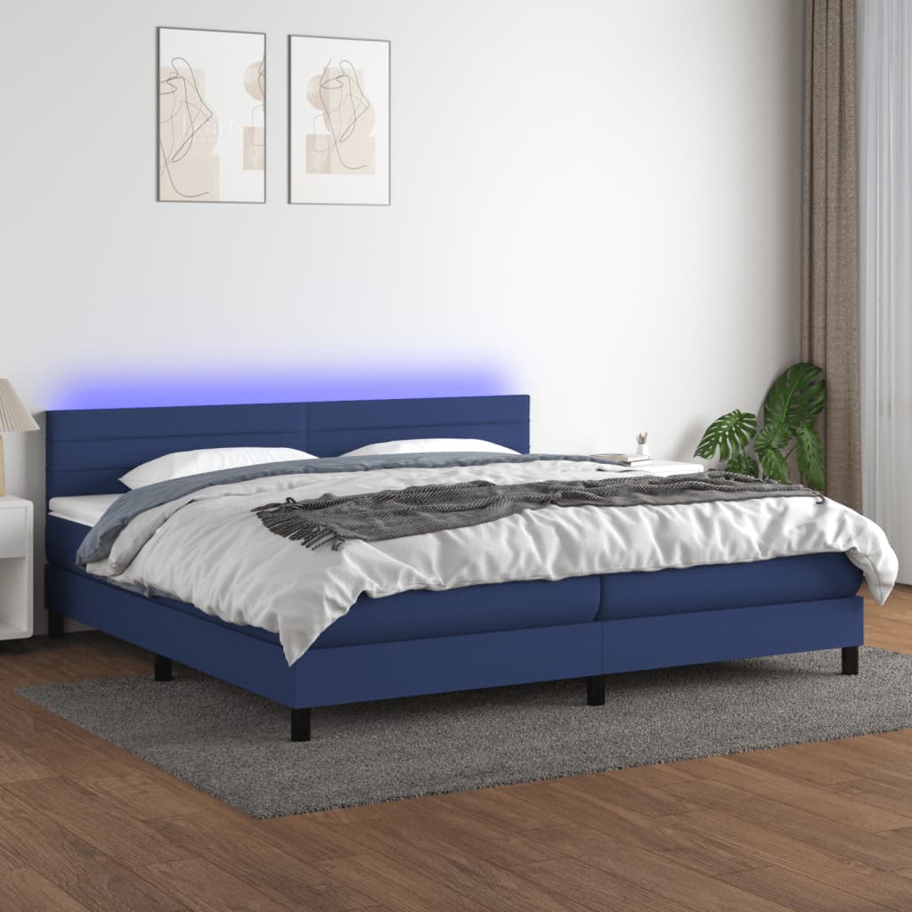 Sommier à lattes de lit et matelas et LED Bleu 200x200 cm Tissu - XIOS