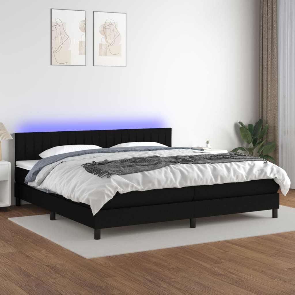 Sommier à lattes de lit et matelas et LED Noir 200x200 cm Tissu - XIOS