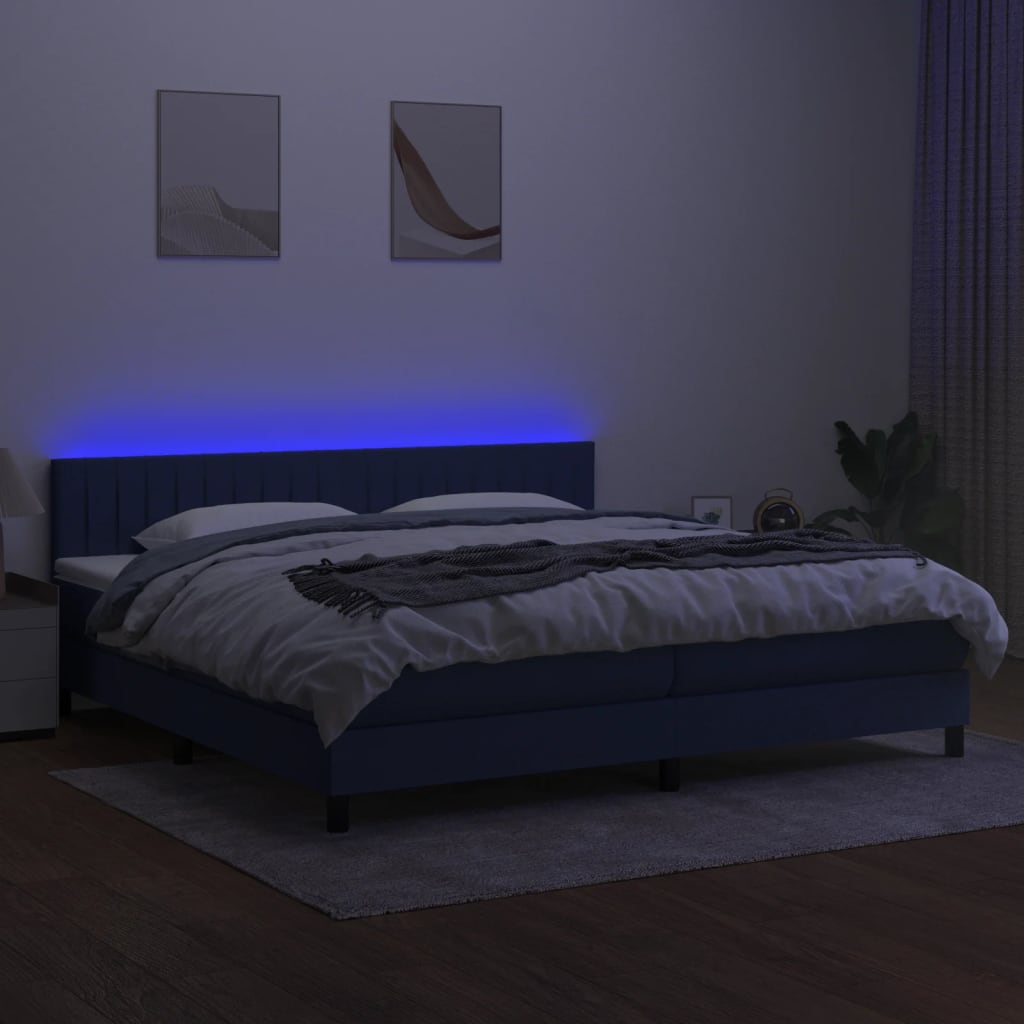 Sommier à lattes de lit et matelas et LED Bleu 200x200 cm Tissu - XIOS