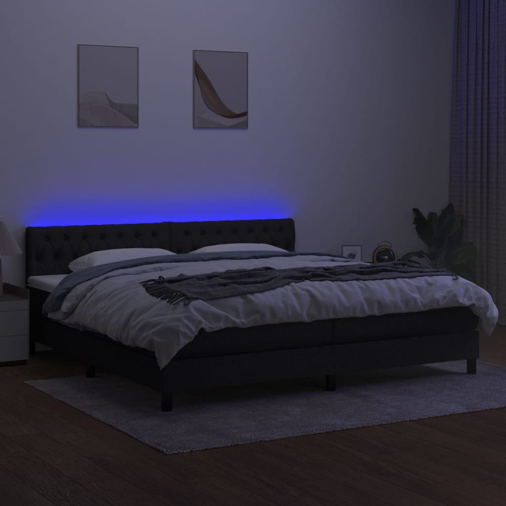 Sommier à lattes de lit et matelas et LED Noir 200x200 cm Tissu - XIOS