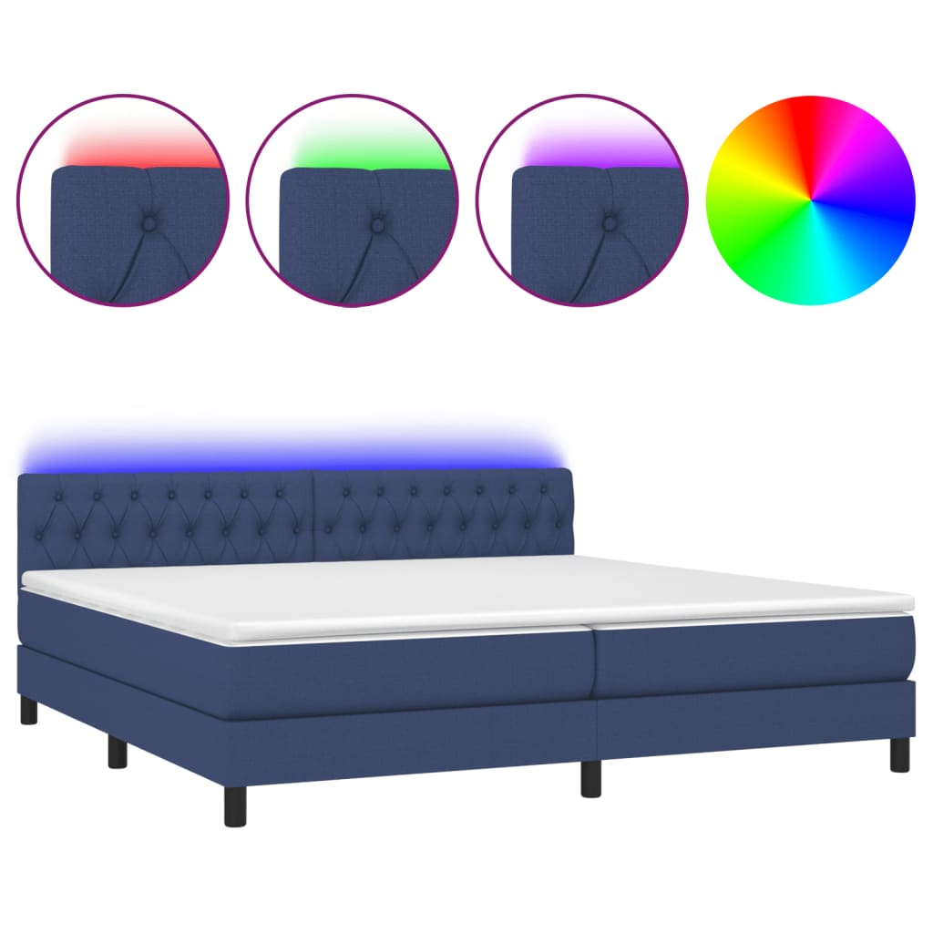 Sommier à lattes de lit et matelas et LED Bleu 200x200 cm Tissu - XIOS