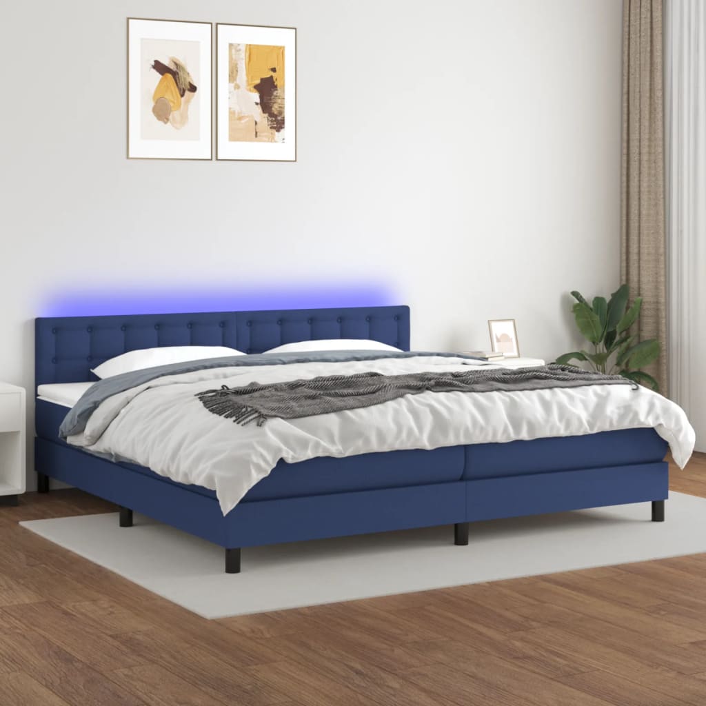 Sommier à lattes de lit et matelas et LED Bleu 200x200 cm Tissu - XIOS