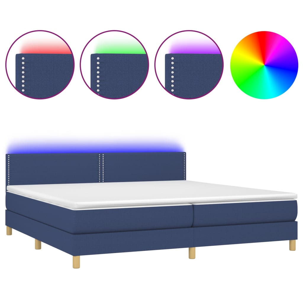 Sommier à lattes de lit et matelas et LED Bleu 200x200 cm Tissu - XIOS
