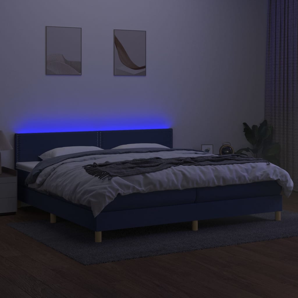 Sommier à lattes de lit et matelas et LED Bleu 200x200 cm Tissu - XIOS