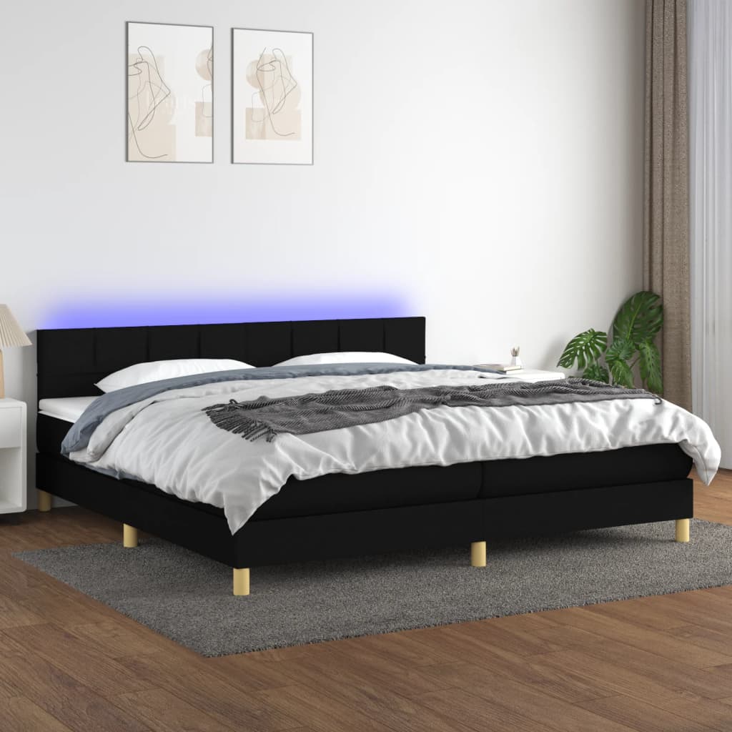 Sommier à lattes de lit et matelas et LED Noir 200x200 cm Tissu - XIOS