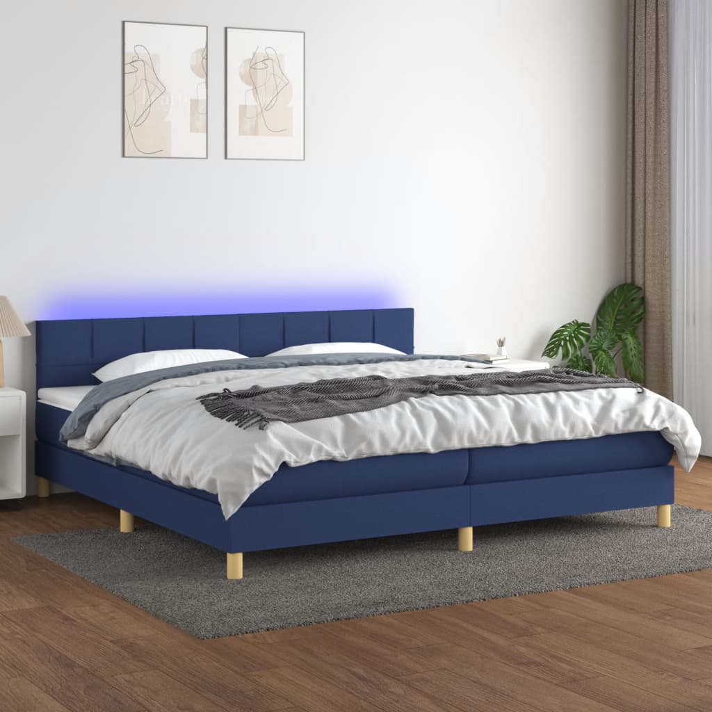 Sommier à lattes de lit et matelas et LED Bleu 200x200 cm Tissu - XIOS