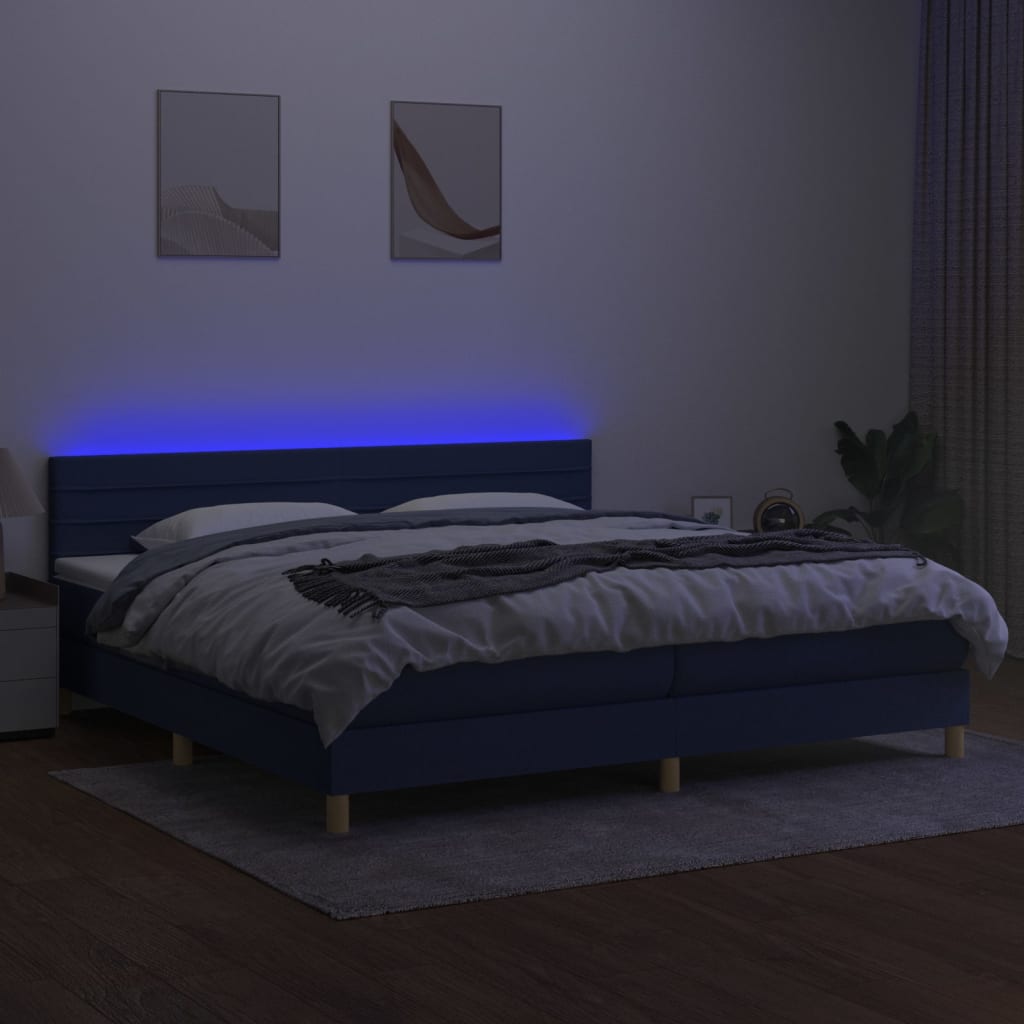 Sommier à lattes de lit et matelas et LED Bleu 200x200 cm Tissu - XIOS