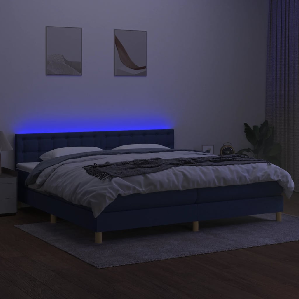 Sommier à lattes de lit et matelas et LED Bleu 200x200 cm Tissu - XIOS