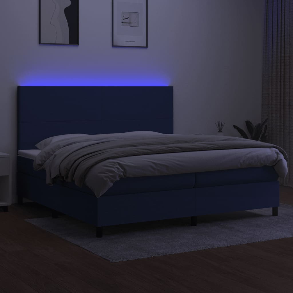 Sommier à lattes de lit et matelas et LED Bleu 200x200 cm Tissu - XIOS