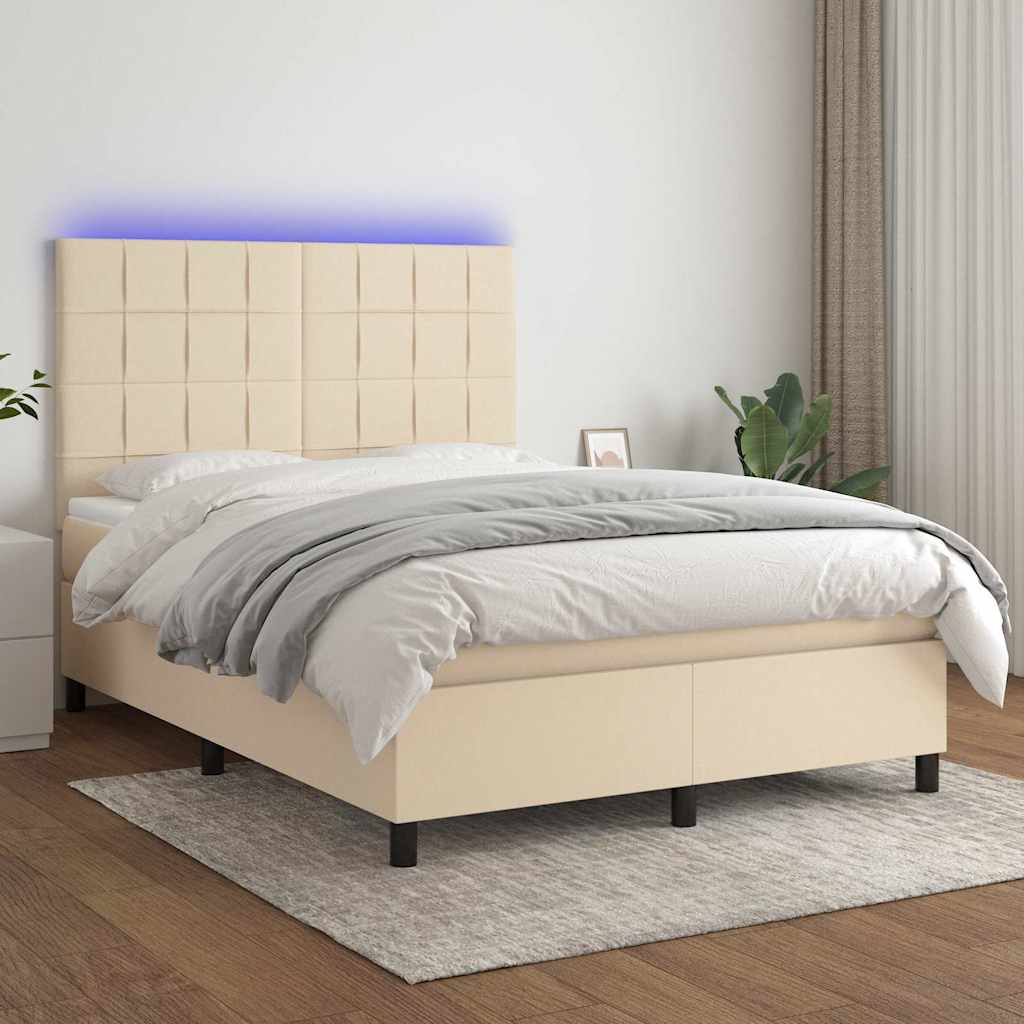 Sommier à lattes de lit et matelas et LED Crème 140x200cm Tissu