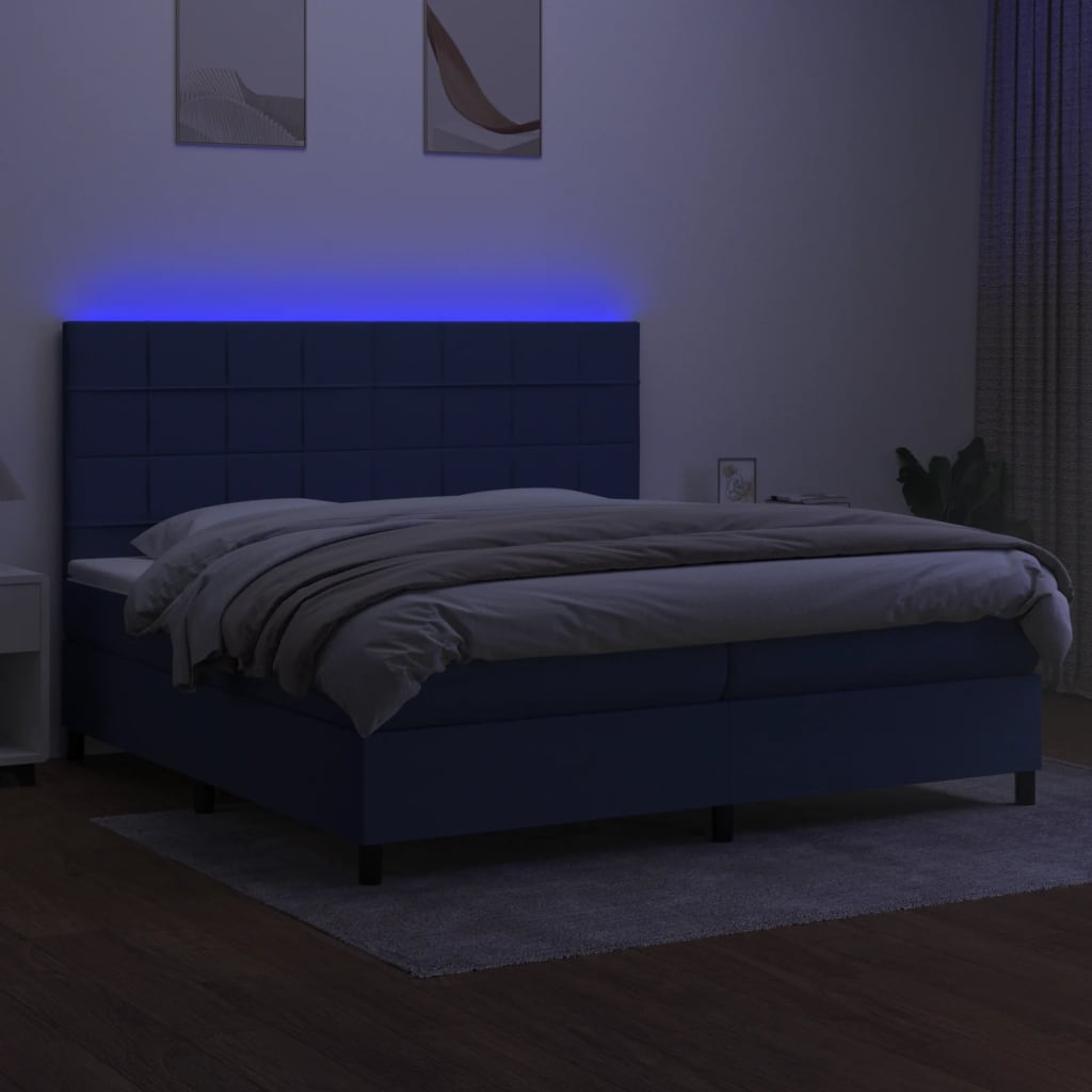 Sommier à lattes de lit et matelas et LED Bleu 200x200 cm Tissu - XIOS