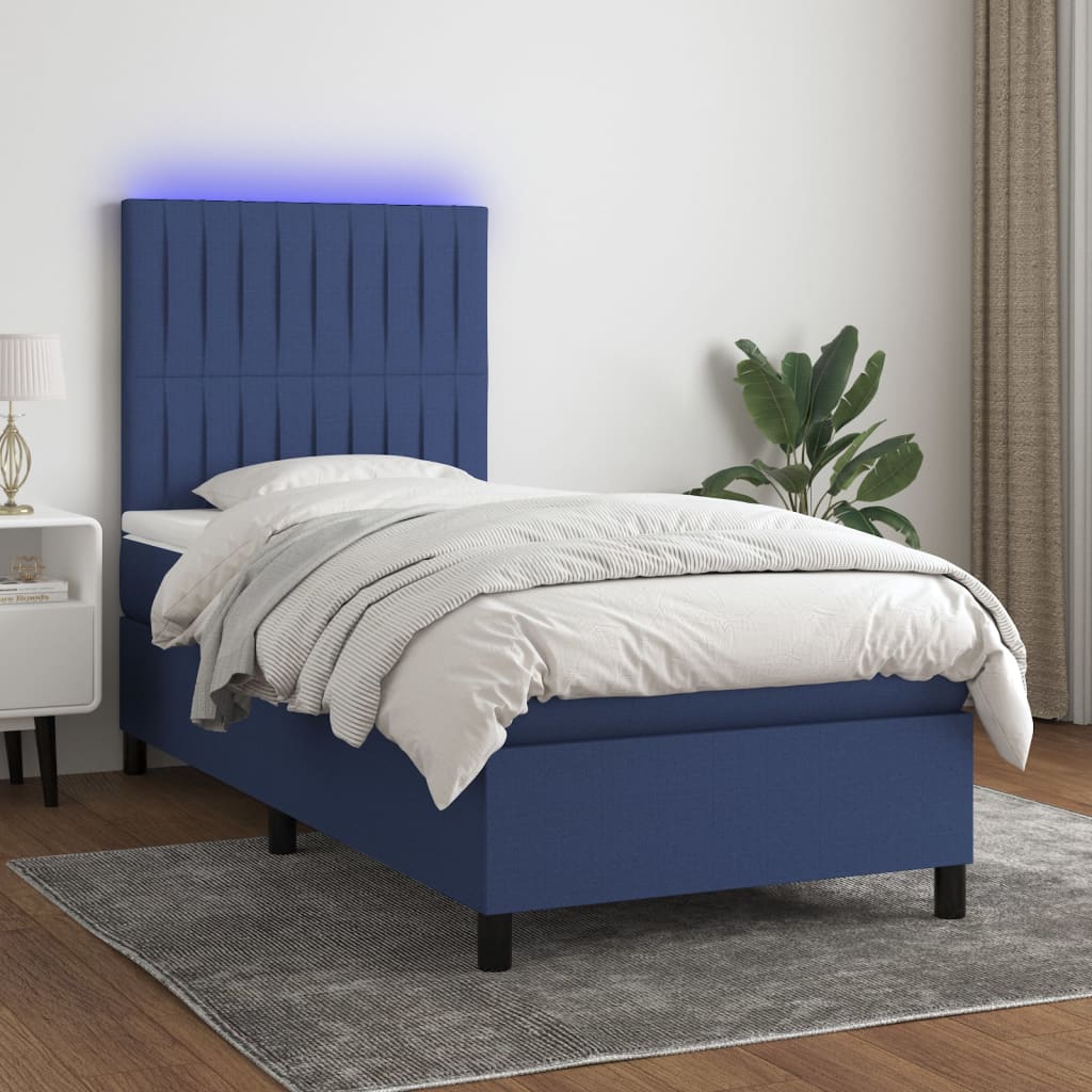 Sommier à lattes de lit et matelas et LED Bleu 100x200 cm Tissu - XIOS