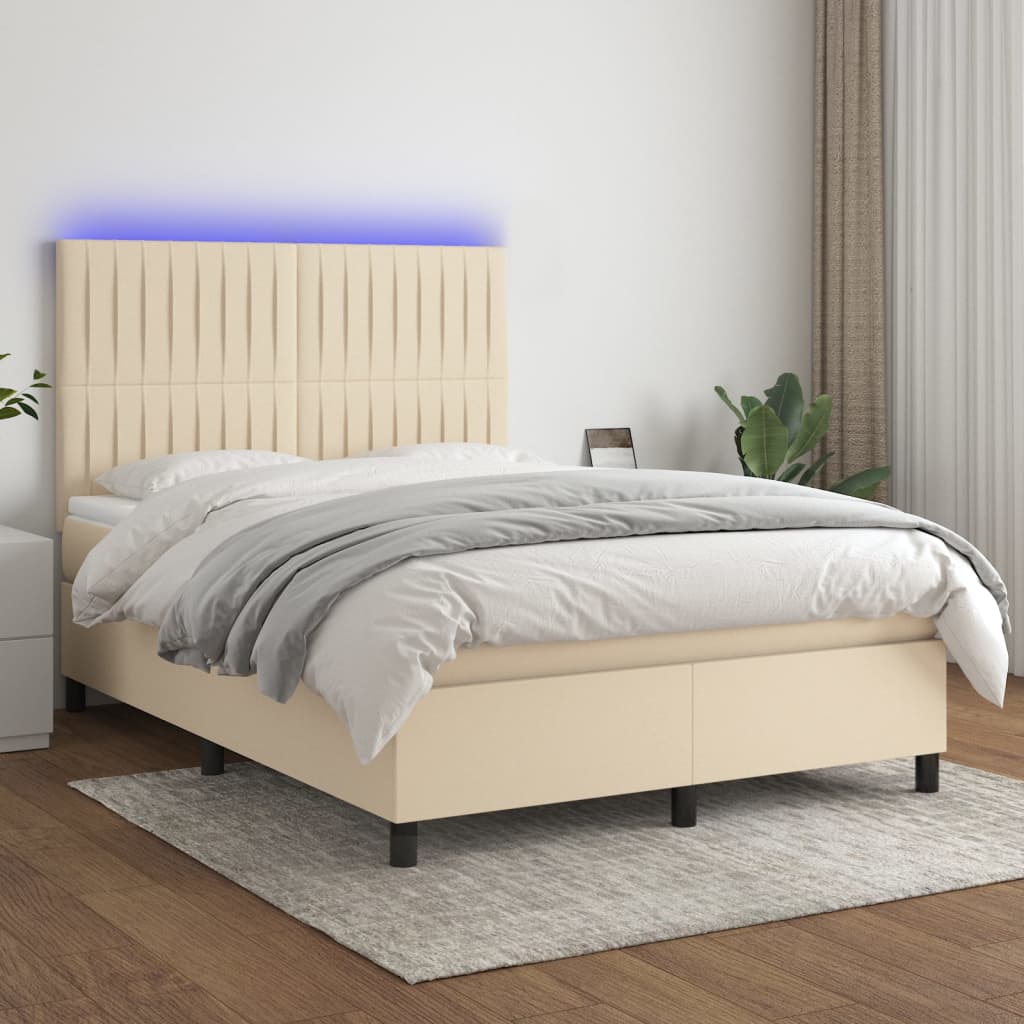 Sommier à lattes de lit et matelas et LED Crème 140x200cm Tissu Lits & cadres de lit vidaXL