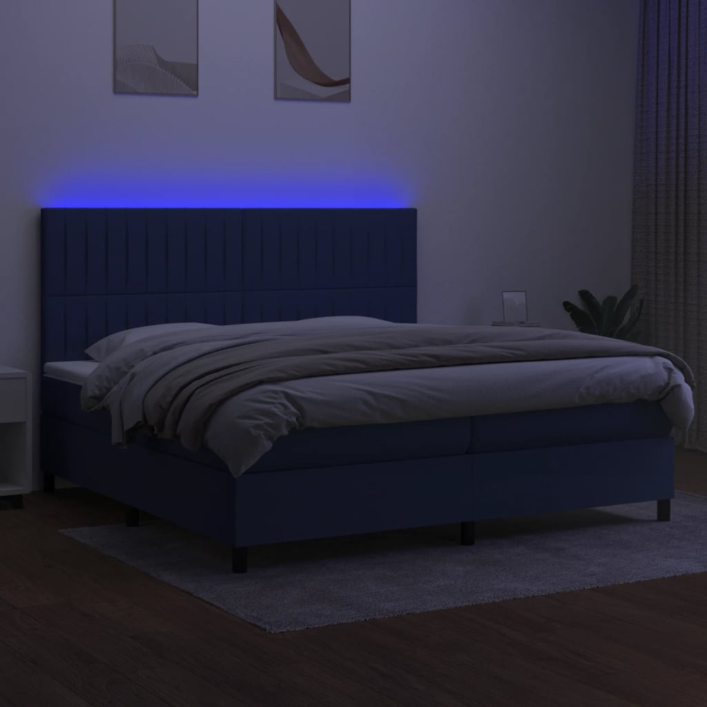 Sommier à lattes de lit et matelas et LED Bleu 200x200 cm Tissu - XIOS