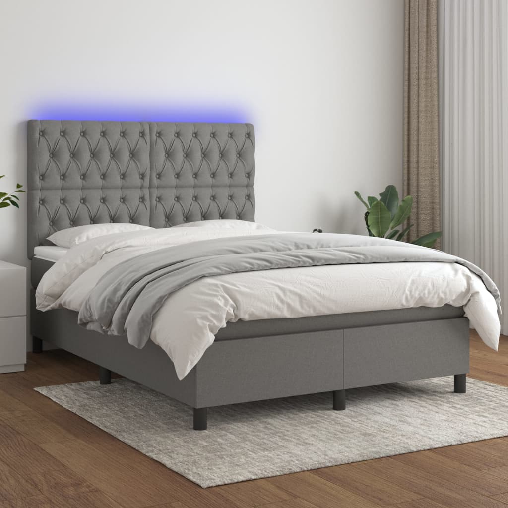 Sommier à lattes de lit et matelas et LED Gris foncé 140x200 cm