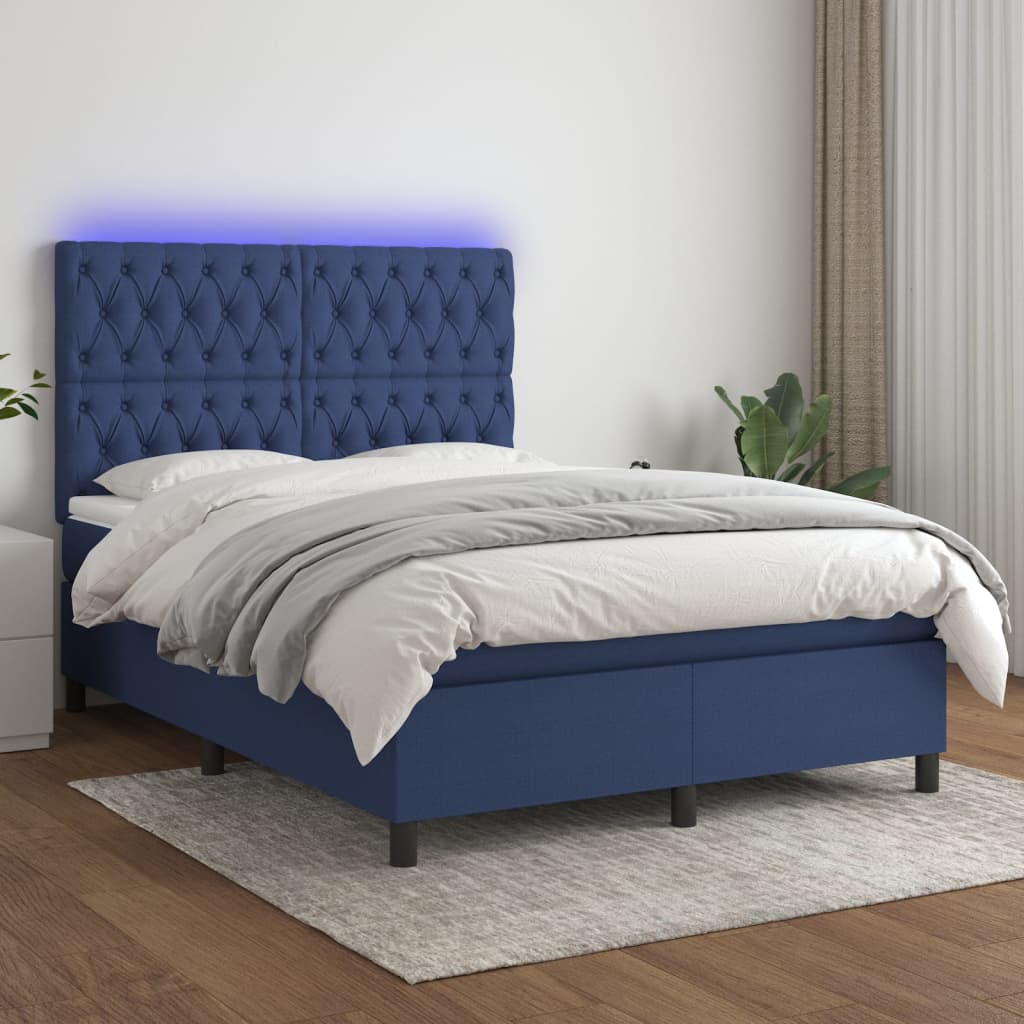 Sommier à lattes de lit et matelas et LED Bleu 140x200 cm Tissu - XIOS