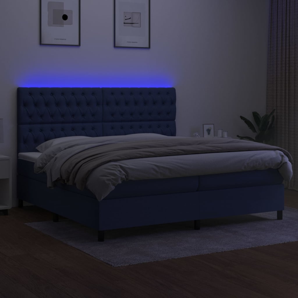 Sommier à lattes de lit et matelas et LED Bleu 200x200 cm Tissu - XIOS
