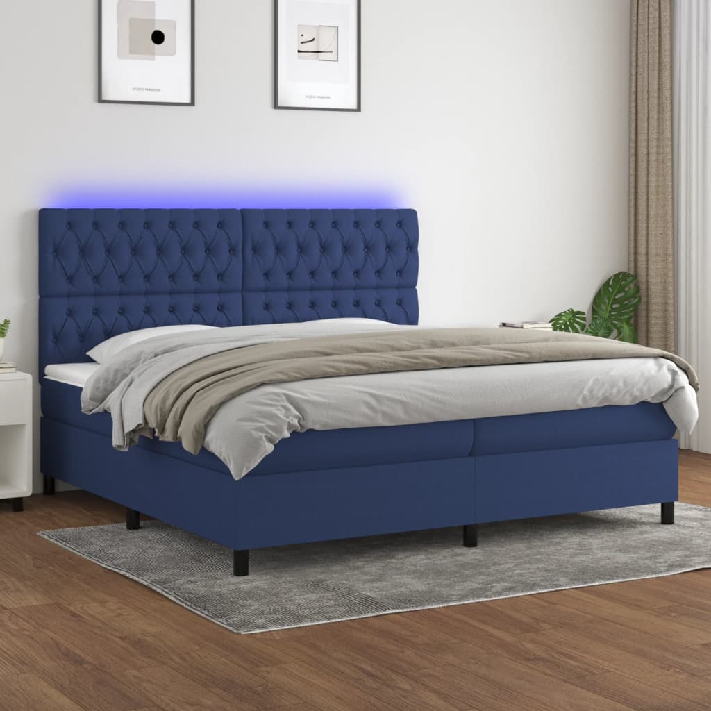Sommier à lattes de lit et matelas et LED Bleu 200x200 cm Tissu - XIOS