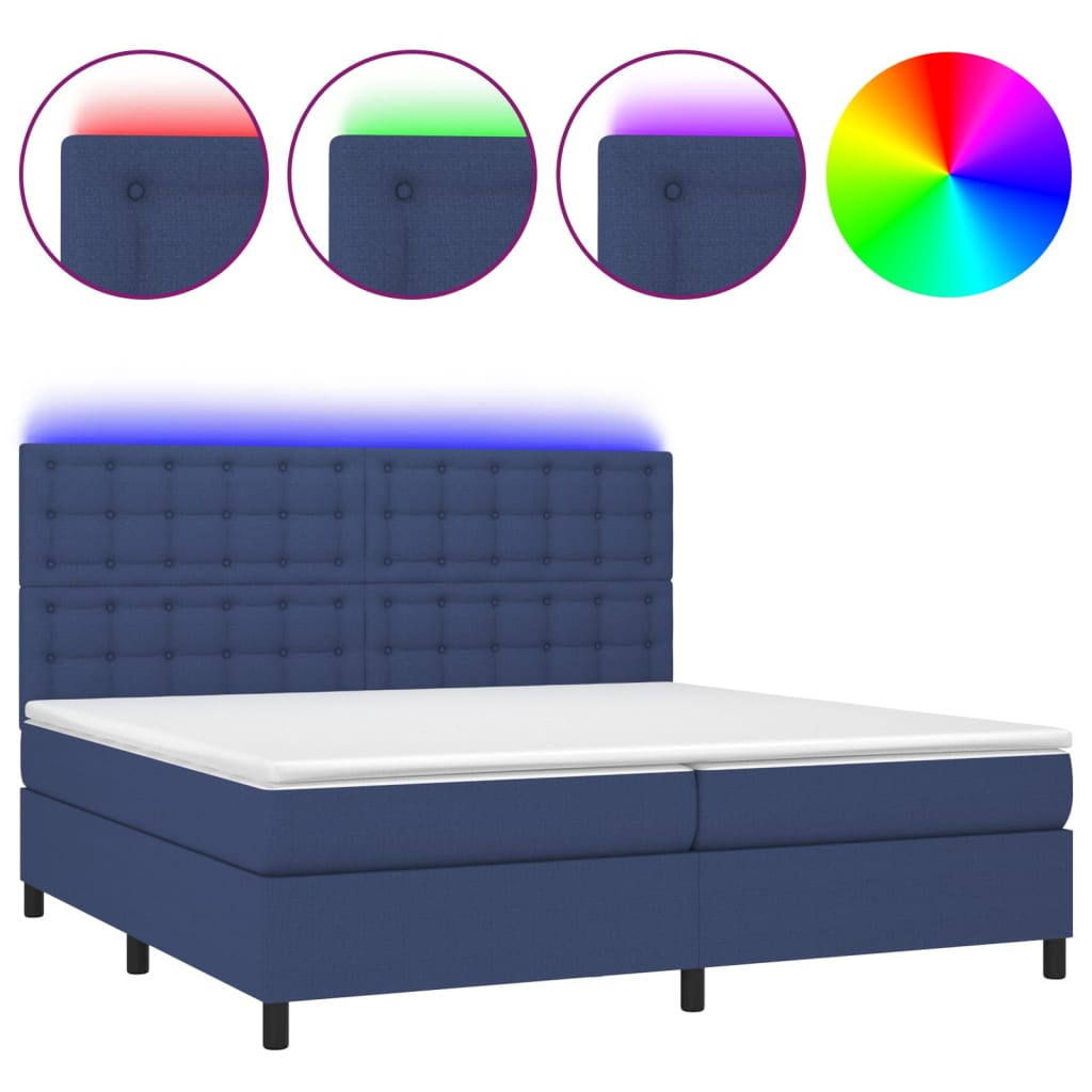 Sommier à lattes de lit et matelas et LED Bleu 200x200 cm Tissu - XIOS