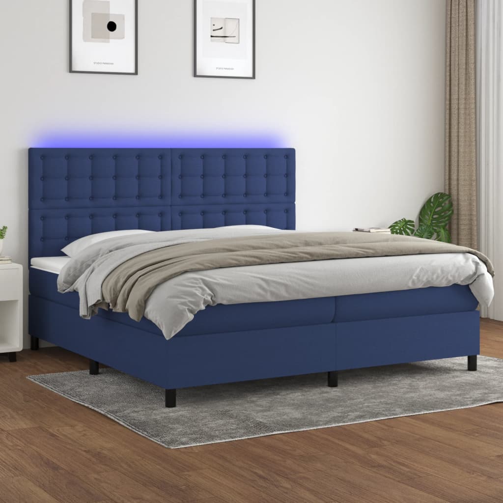 Sommier à lattes de lit et matelas et LED Bleu 200x200 cm Tissu - XIOS