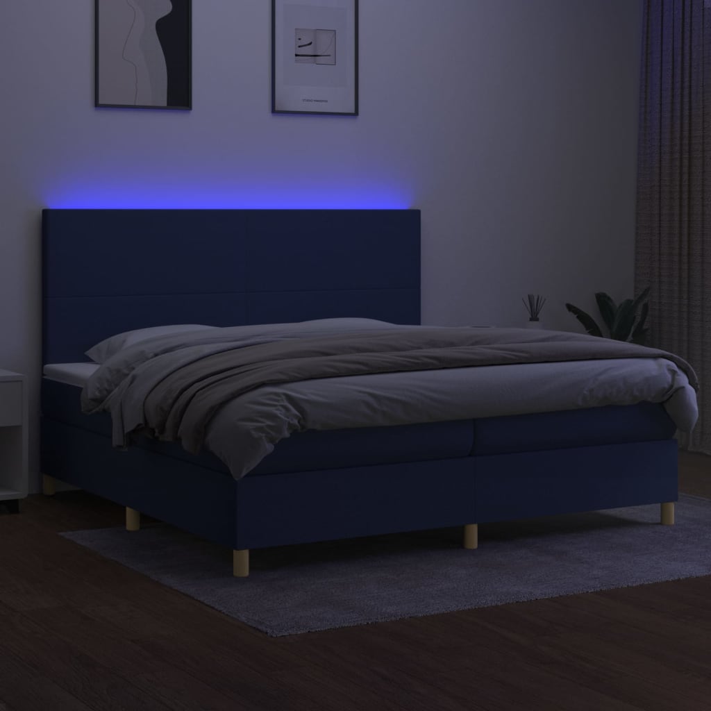 Sommier à lattes de lit et matelas et LED Bleu 200x200 cm Tissu - XIOS