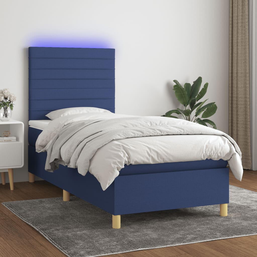 Sommier à lattes de lit et matelas et LED Bleu 100x200 cm Tissu - XIOS