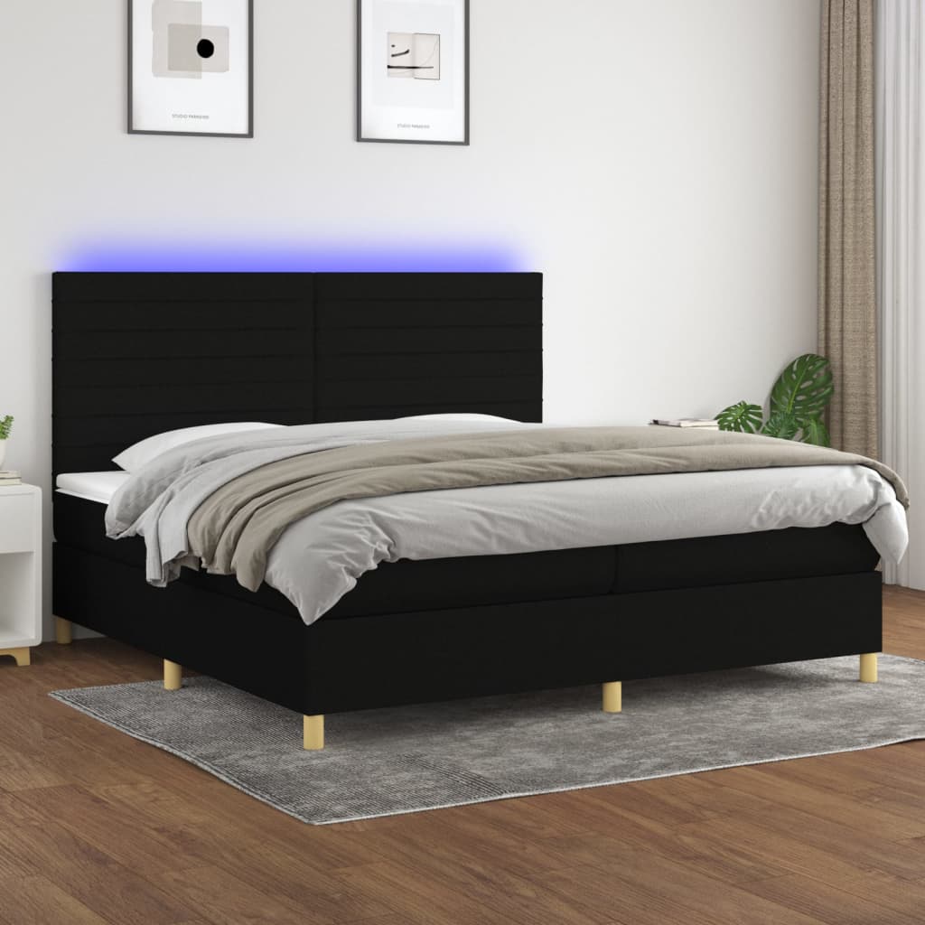 Sommier à lattes de lit et matelas et LED Noir 200x200 cm Tissu - XIOS