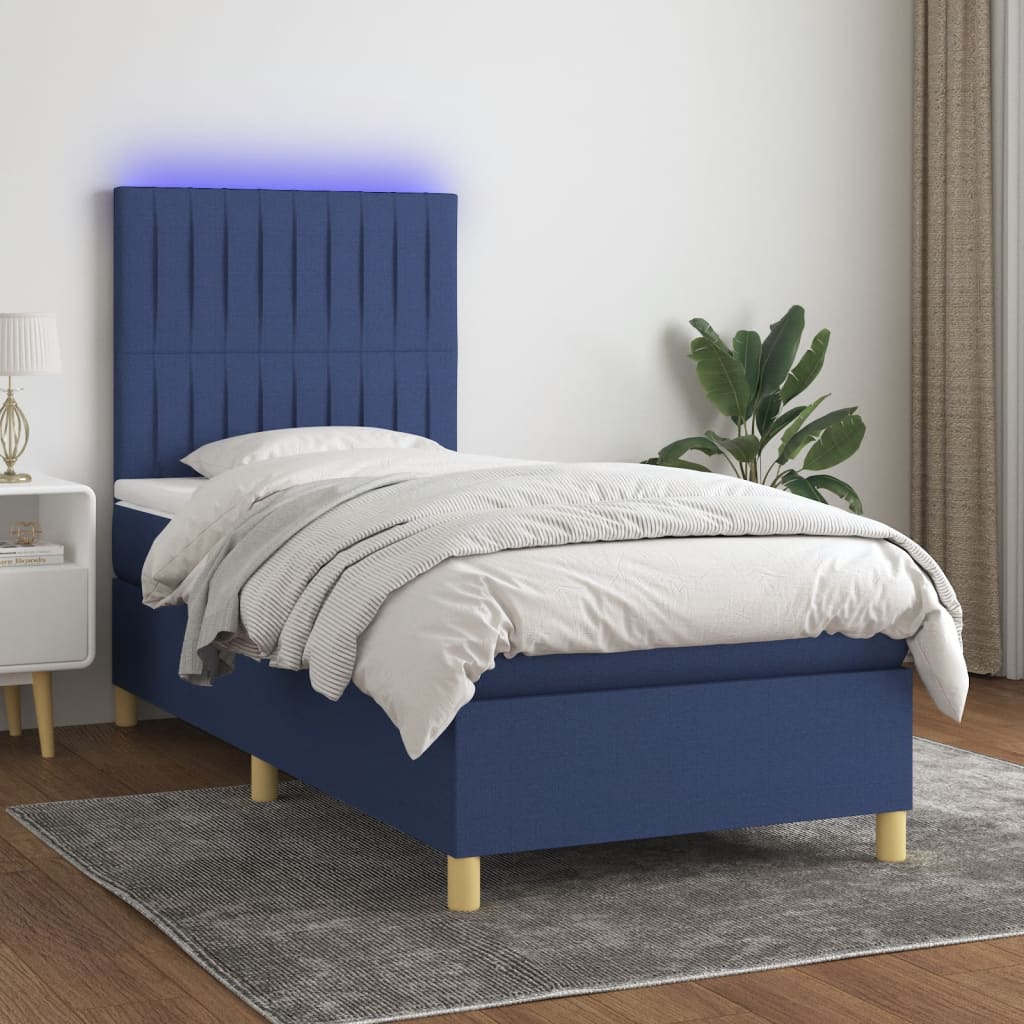 Sommier à lattes de lit et matelas et LED Bleu 90x190 cm Tissu - XIOS