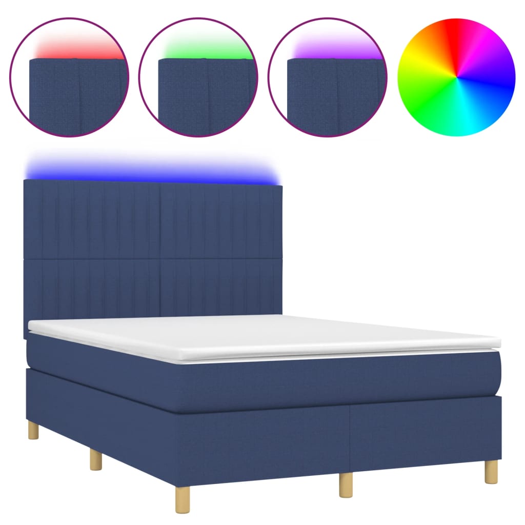 Sommier à lattes de lit et matelas et LED Bleu 140x200 cm Tissu - XIOS