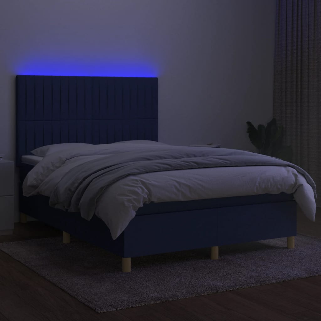 Sommier à lattes de lit et matelas et LED Bleu 140x200 cm Tissu - XIOS
