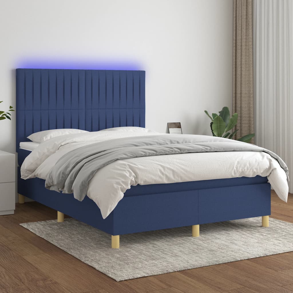 Sommier à lattes de lit et matelas et LED Bleu 140x200 cm Tissu - XIOS