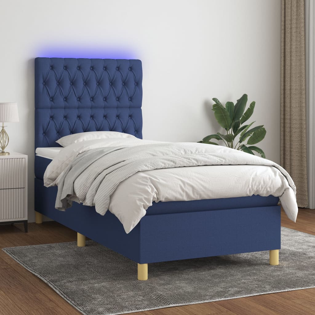 Sommier à lattes de lit et matelas et LED Bleu 90x200 cm Tissu - XIOS