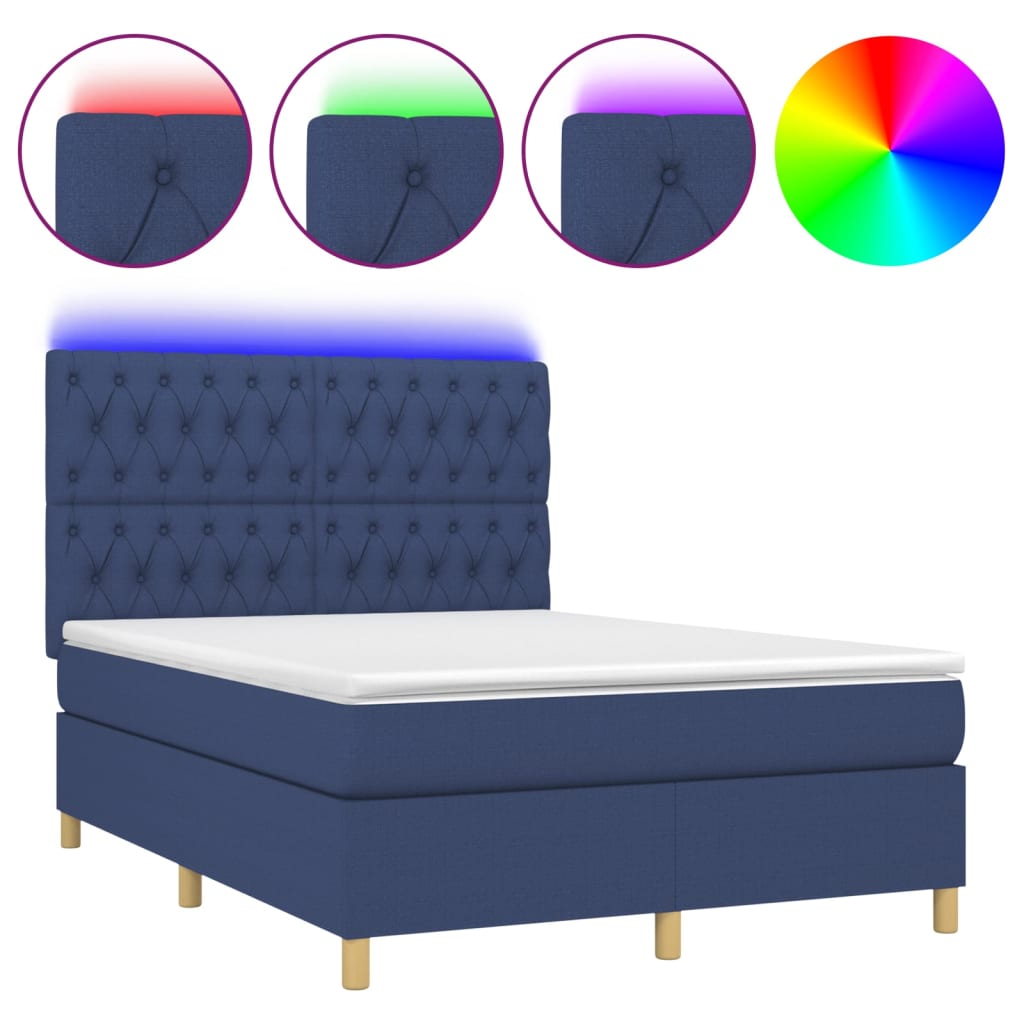 Sommier à lattes de lit et matelas et LED Bleu 140x200 cm Tissu - XIOS