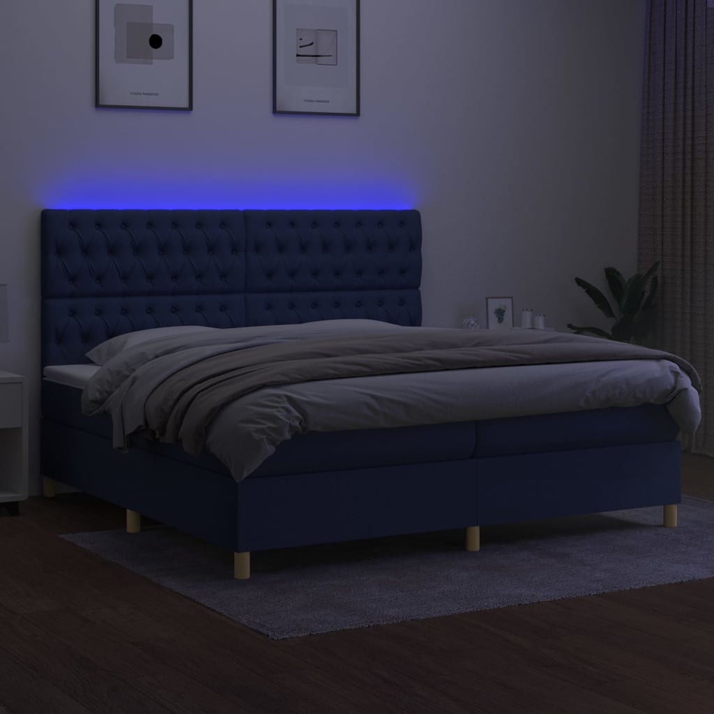 Sommier à lattes de lit et matelas et LED Bleu 200x200 cm Tissu - XIOS