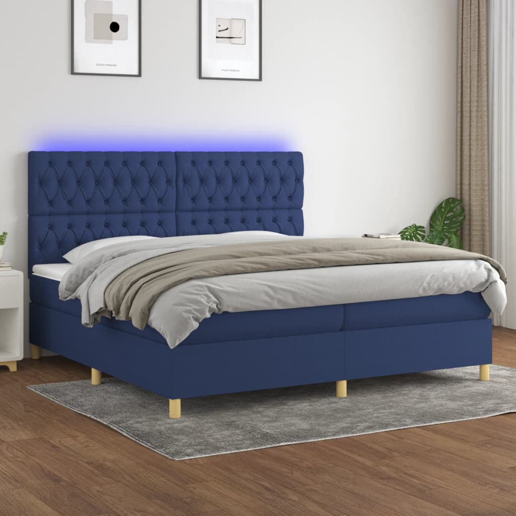 Sommier à lattes de lit et matelas et LED Bleu 200x200 cm Tissu - XIOS