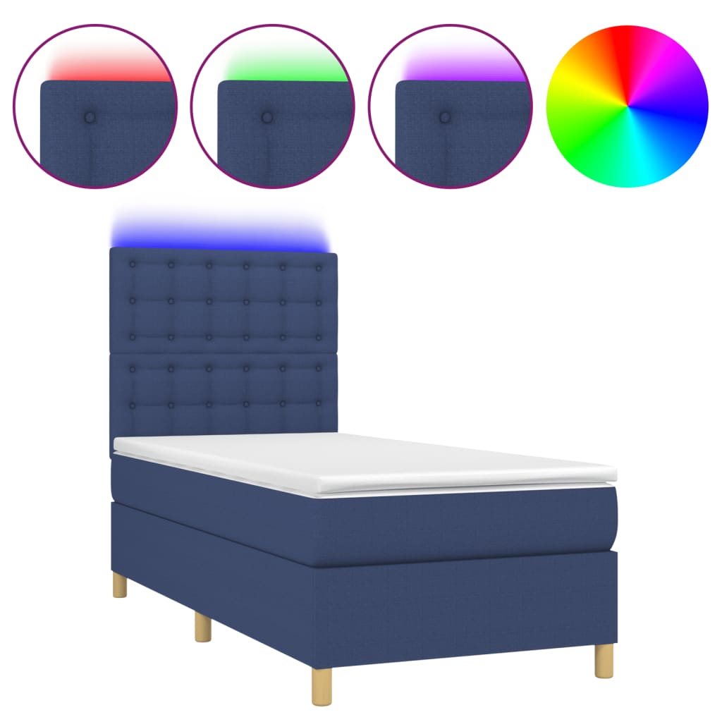 Sommier à lattes de lit et matelas et LED Bleu 100x200 cm Tissu - XIOS