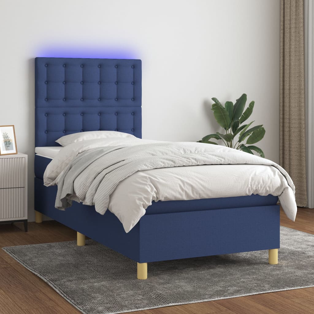 Sommier à lattes de lit et matelas et LED Bleu 100x200 cm Tissu - XIOS