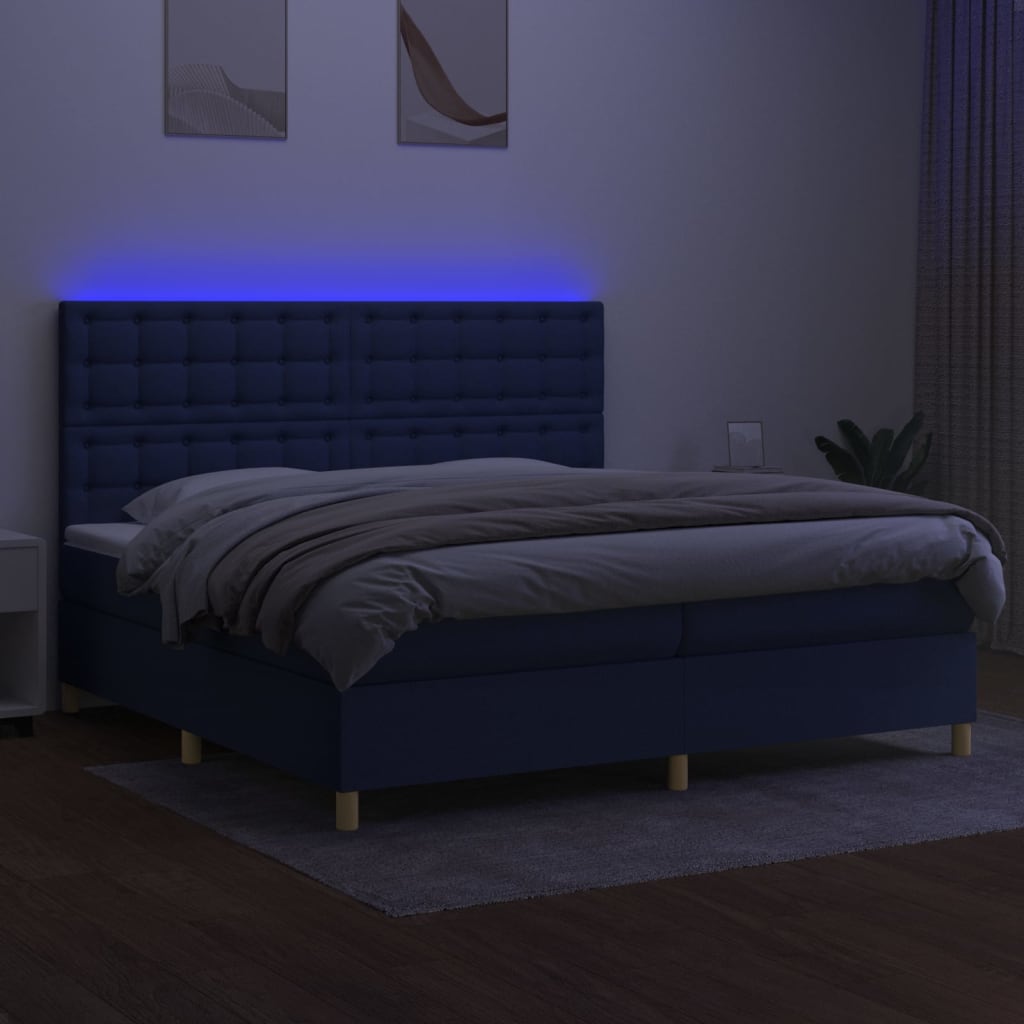 Sommier à lattes de lit et matelas et LED Bleu 200x200 cm Tissu - XIOS