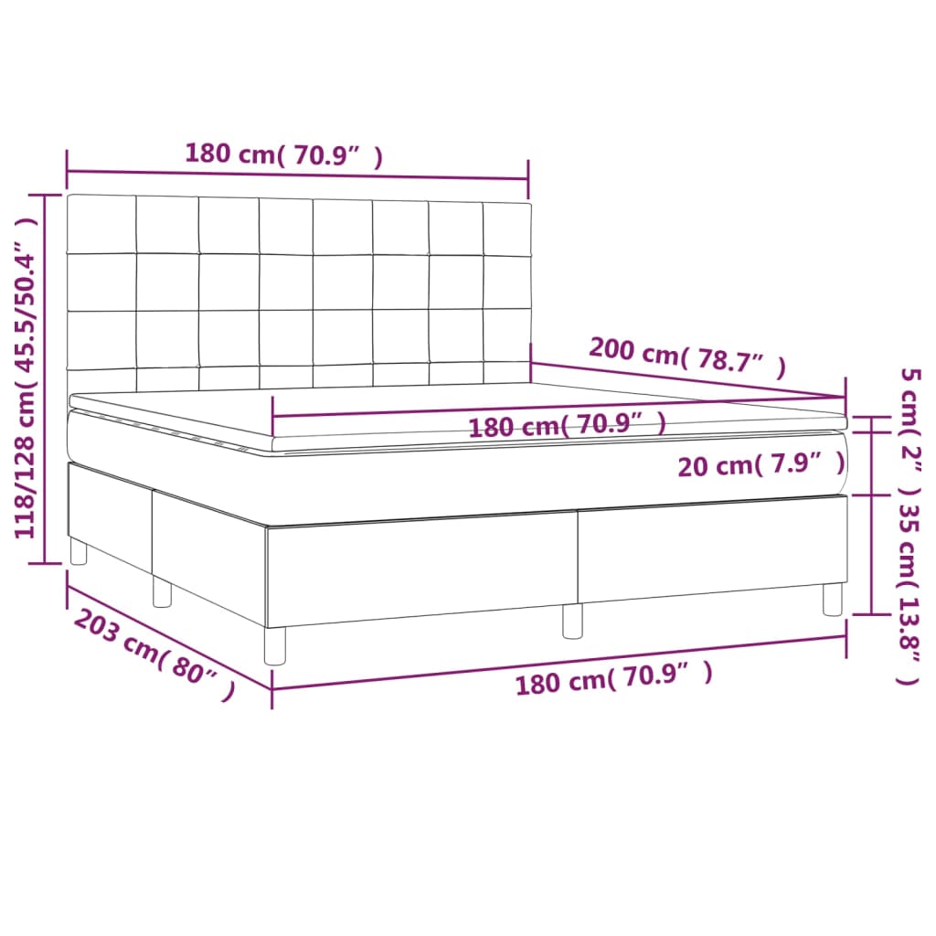 Sommier à lattes de lit matelas et LED Noir 180x200 cm Velours Lits & cadres de lit vidaXL