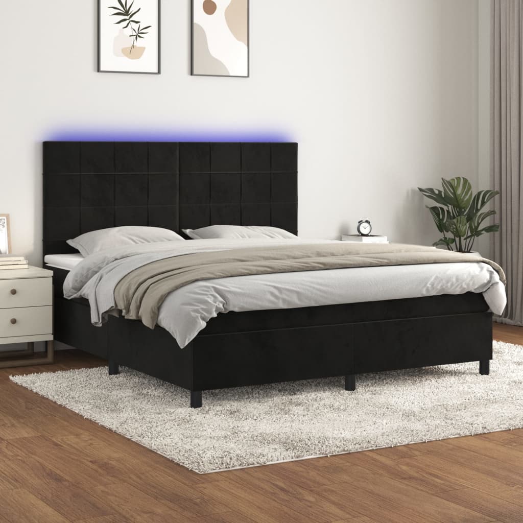 Sommier à lattes de lit matelas et LED Noir 180x200 cm Velours Lits & cadres de lit vidaXL